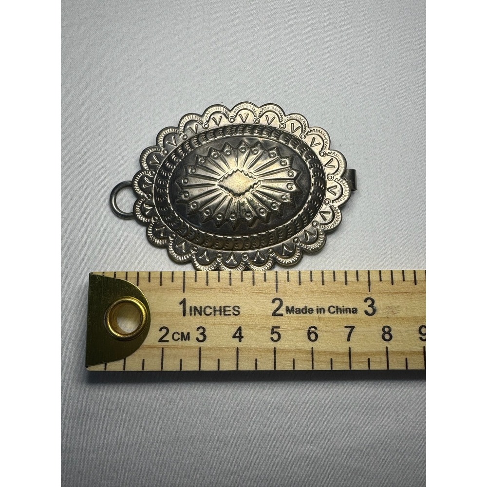 Vintage Western Stamped Metal Concho Slide Oval Sunburst Scalloped Scarf Bolo - Picture 6 of 7